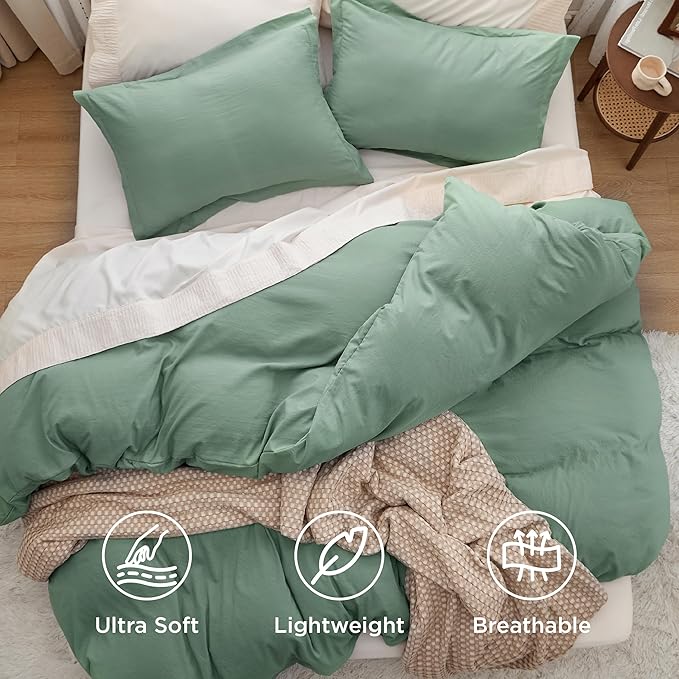 Bedsure Sage Green Duvet Cover King Size - 3 Pieces Prewashed Cotton-Like Polyester Extra Soft Bedding Set, Includes 1 Duvet Cover 104x90 Inches with Zipper Closure & 2 Pillow Shams, No Comforter