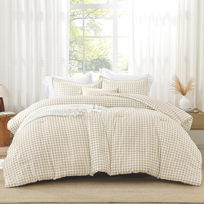 Andency Beige Gingham Comforter Set Twin(66x90Inch), Cream Checkered Grid Plaid Buffalo Bed Set for Girls Boys Kids Teens, 2 Pieces Lightweight Microfiber Geometric Preppy Bedding