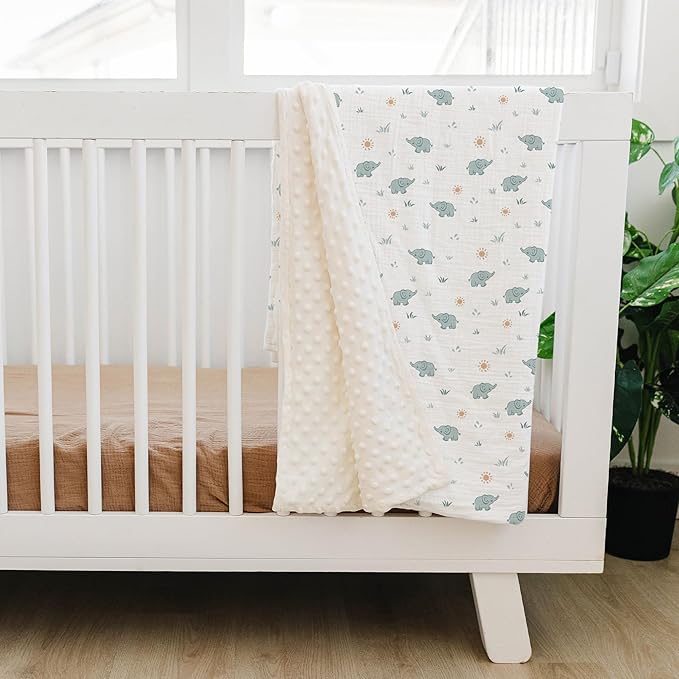 Konssy Baby Blankets for Unisex Boys Girls, Super Soft Nursery Minky Blankets with Muslin Cotton Front and Dotted Fleece Backing, Printed Bed Throws Newborn