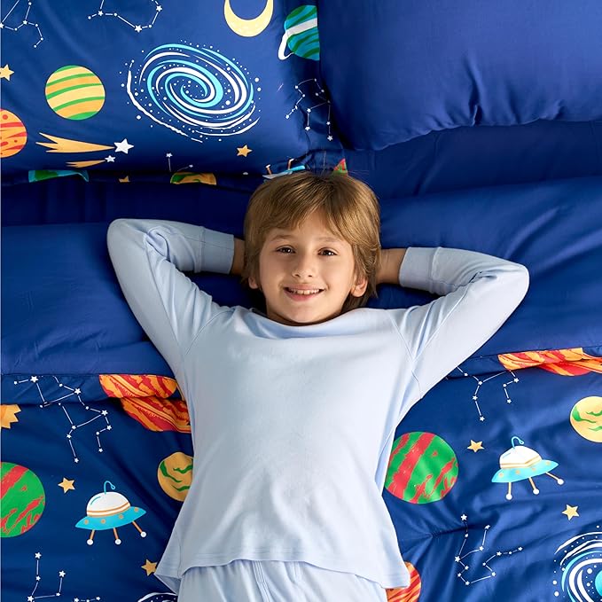 Joiedomi Kid Full Comforter Set 7 Piece Cosmic Space Bedding Set for Boys Girls Super Soft Microfiber Bed in a Bag with Comforter Sheets Pillowcase Sham