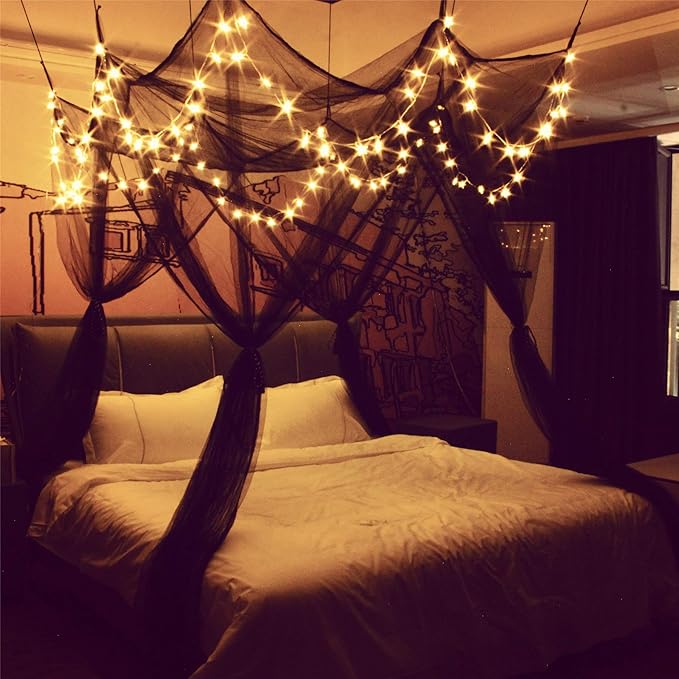 Comtelek 8 Corner Bed Canopy with 100 LED Star String Lights Battery Operated, Black Bed Netting Unique Style 4 Door Square Canopy Bed Curtains Canopy - Suggested for Twin Full Queen King Bed