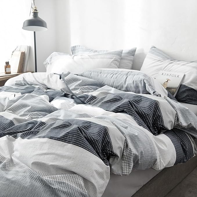 LifeTB Striped Comforter Set Twin XL Size, Modern Style Blue Grey Stripes Pattern Printed Bedding Set, 3 Pieces Lightweight Bedding Comforter Set, Stripe Soft Fluffy Bed Comforter with 2 Pillowcases