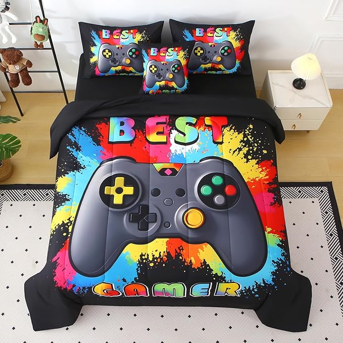 JQinHome Queen Gamer Comforter Sets for Boys,6 Piece Bed in A Bag 3D Video Gamer Bedding -All Season Microfiber Gaming Bedding Set for Kids, with Sheet Sets (Rainbow Black)