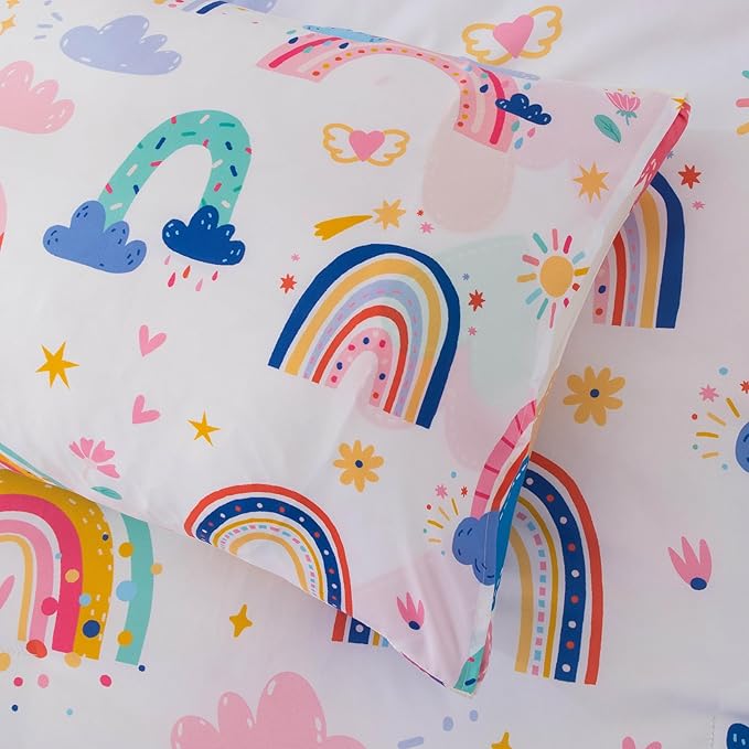 Btargot Lightweight Soft 3 Piece Rainbow Comforter Set with 2 Pillow Covers, Cartoon Leaves Flowers and Sun Star Bedding Set for Girls Boys Kids, Full White