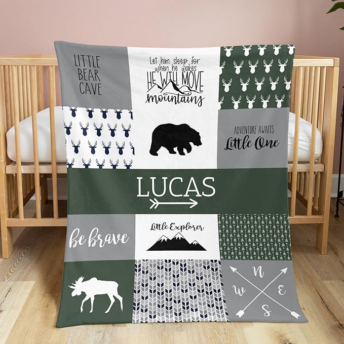 Personalized Baby Blanket Cute Animal Blanket for Boys - Soft Double Layer with Dotted Backing, Toddler to Newborn, Shower Gifts, Bronze Green (35 X 45 inches)
