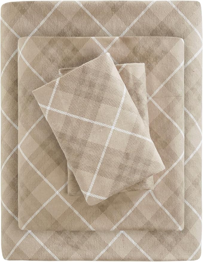 True North by Sleep Philosophy Cozy Flannel Warm 100% Cotton Sheet - Novelty Print Animals Stars Cute Ultra Soft Cold Weather Bedding Set, King, Tan Plaid 4 Piece