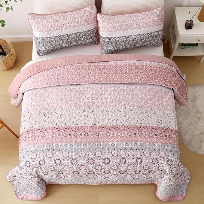 WONGS BEDDING Boho Quilt Set Queen, Bohemian Pink Striped Patchwork Bedspread Coverlet Set with 2 Pillowcases,Lightweight Microfiber Floral Bedding Set 96"×90"