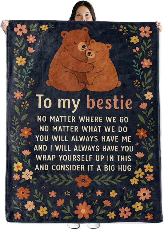 Friendship Gifts, Best Friend Birthday Bear Theme Flannel Blanket for Women, Wife, to My Bestie Throw Blankets for Friends, Sisters, Kids, Travel Camping Sofa Living Room Decor 40x50 in
