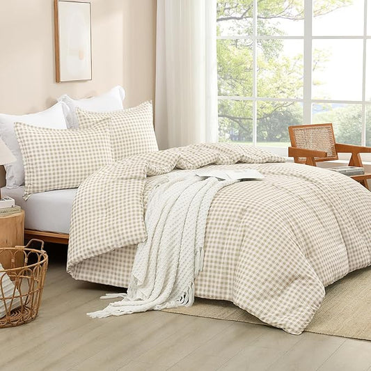Andency Beige Gingham Comforter Set Queen(90x90Inch), Cream Checkered Grid Plaid Buffalo Bed Set for Girls Boys Kids Teens, 3 Pieces Lightweight Microfiber Geometric Preppy Bedding
