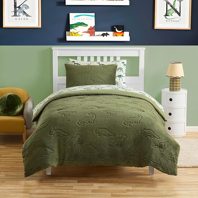 Twin Size Kids Comforter Set - Dinosaur Embossed Bedding Set Bed in a Bag for Boys and Girls Toddlers Sheet Set and Comforter, Dinosaur Embossed