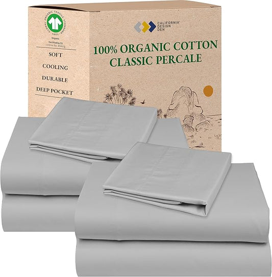 California Design Den 2-Pack Twin XL Sheets Set - 100% Organic Cotton Percale Sheets, Deep Pockets, Crisp, Breathable and Lightweight Bedding Set - Light Grey