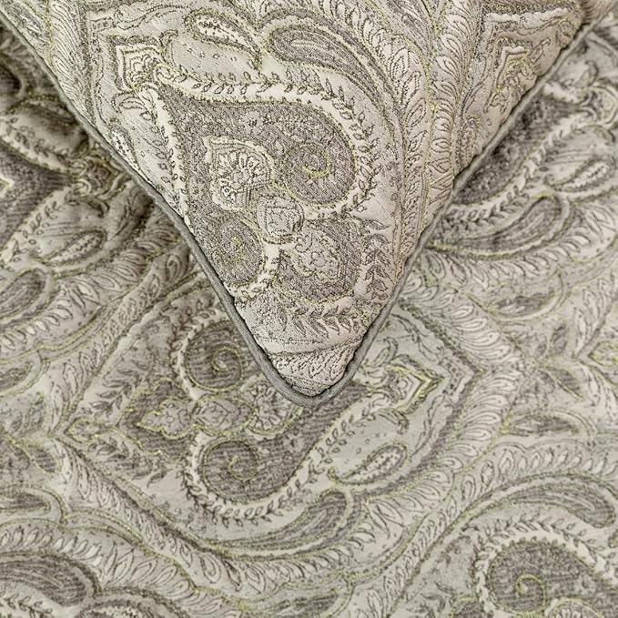 The HomeCentric King/Queen/Twin Grey Designer CA King 86"x18" Bed Runner with 2 Pillow Cover, Quilted, Damask& Gold Zari Embroidery Bed Scarf on Silk Fabric - Winifred