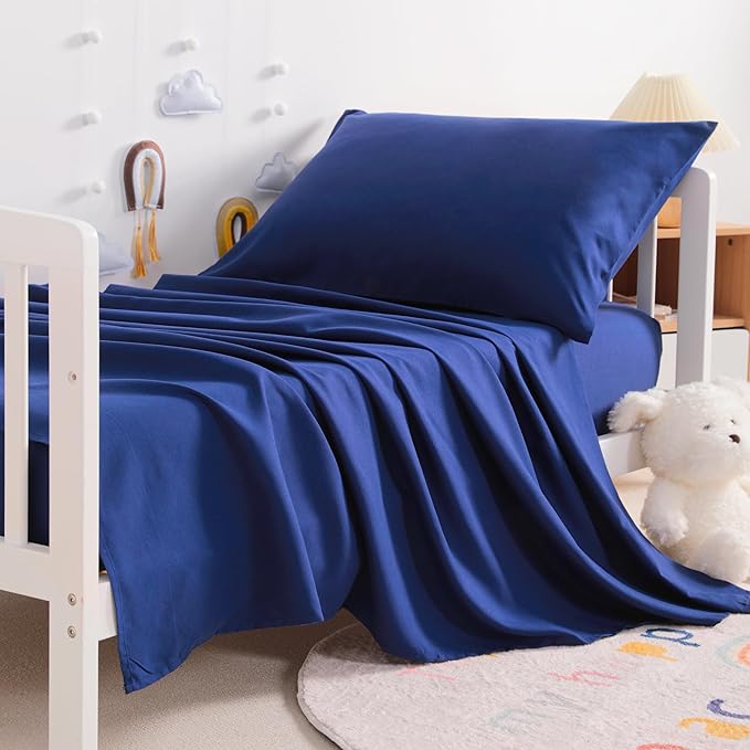 NTBAY Toddler Sheet Set - 3-Piece Microfiber Crib Sheet Set - Flat Sheet, Fitted Sheet, Pillowcase - Solid Toddler Bedding, Navy Blue