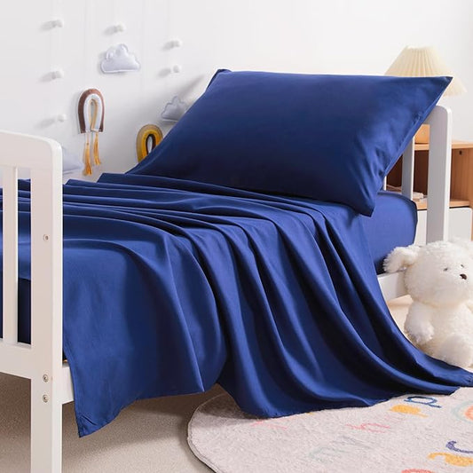 NTBAY Toddler Sheet Set - 3-Piece Microfiber Crib Sheet Set - Flat Sheet, Fitted Sheet, Pillowcase - Solid Toddler Bedding, Navy Blue