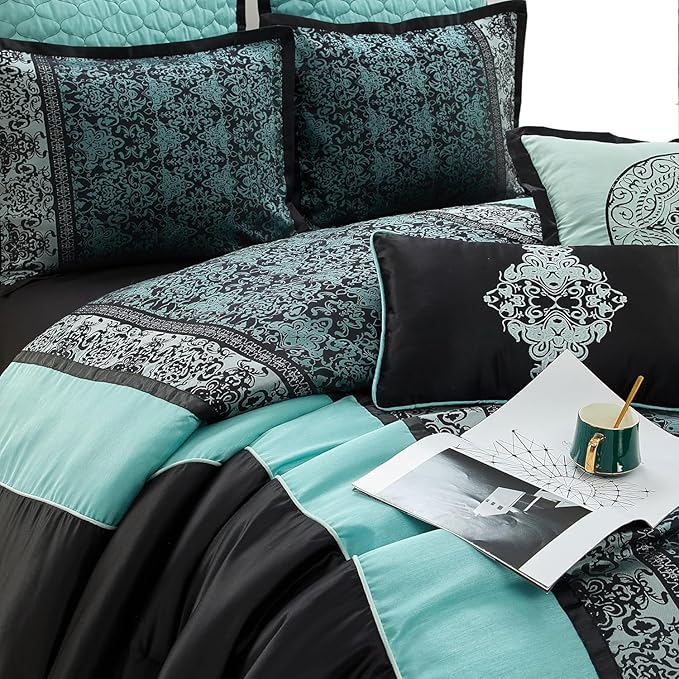 Grand Avenue Black & Teal Comforter Set Queen, Classic Jacquard Bedding Sets, Faux Silk, Premium Microfiber, 8 Pieces Bed in a Bag, Embroidered Pillows
