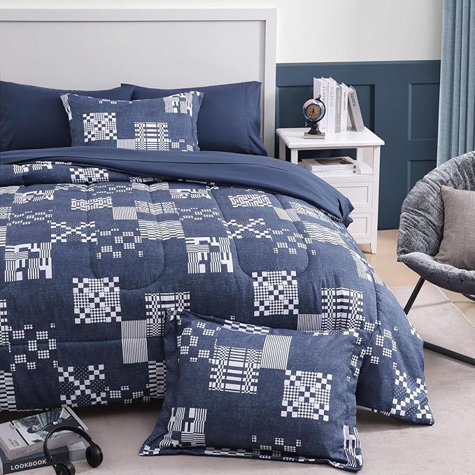 Twin XL Comforter Set Navy Blue, Plaid Bedding Set 5 Pieces for Boys Girls Teen, Classic Homestead-Style Comforter Set Bed in A Bag with Sheets, Pillowcase & Sham