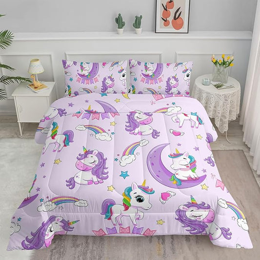 Axolotl Purple Unicorn Comforter Set King Size,Kids Bedding Set for Girls,Cute Unicorn Rainbow Bedding with Stars,3Pcs Cartoon Stars Printed Bed Set 1 Comforter 2 Pillowcases All Seasons