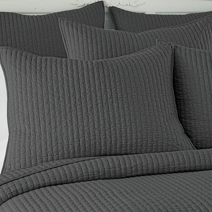 Levtex Home Cross Stitch Reversible Full Bedspread Set (100x104in) with 2 Pillow Shams (26x20in) - Stitch Texture - Charcoal - Cotton Full Size Bedspread Set - Lightweight, Soft, Pre-Washed
