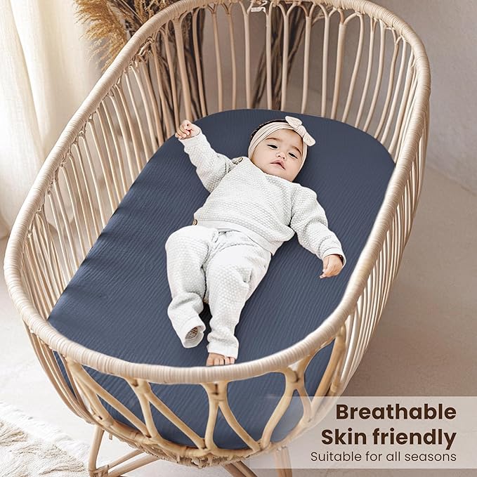Konssy 2 Pack Muslin Bassinet Sheets for Boys, Girls, 100% Cotton Soft Breathable Fitted Bassinet Mattress Sheet, 32 x 16 inches (Navy,Cream)