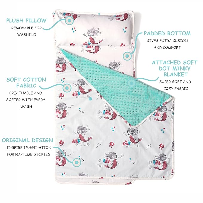 JumpOff Jo Nap Mat for Kids - Cozy Kids Rest Mat with Removable Pillow and Ultra Soft Blanket for Preschool, Daycare, and Sleepovers - Mermaids