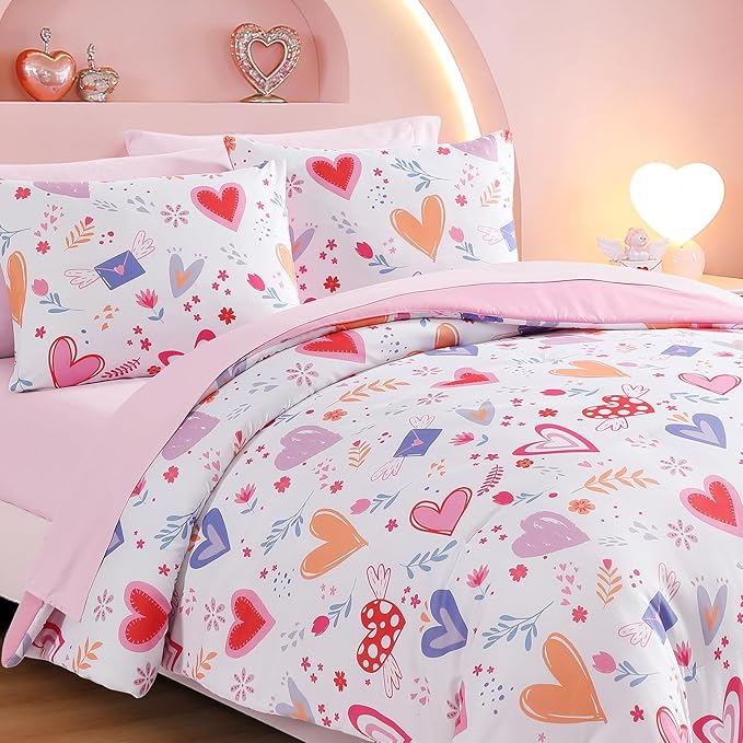 Full Comforter Set for Girls Kids - 7 Pieces Heart Full Size Bedding Sets for Kids, Soft Cozy Bed in A Bag with Sheets
