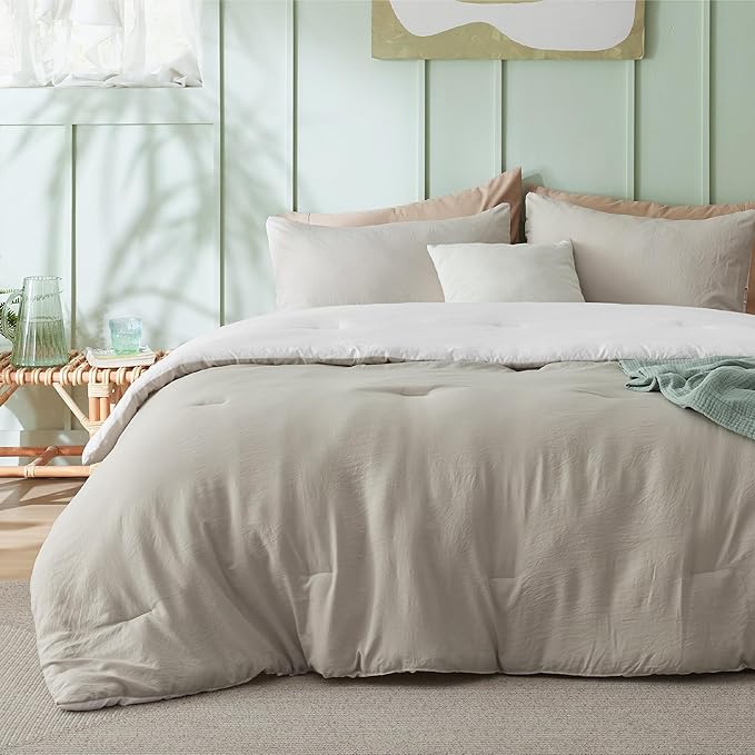 Bedsure California King Comforter Set, Beige White Soft Prewashed Bedding for All Seasons, 3 Pieces GentleSoft™ Bed Set, 1 Lightweight Comforter (104"x96") and 2 Pillowcases (20"x36")