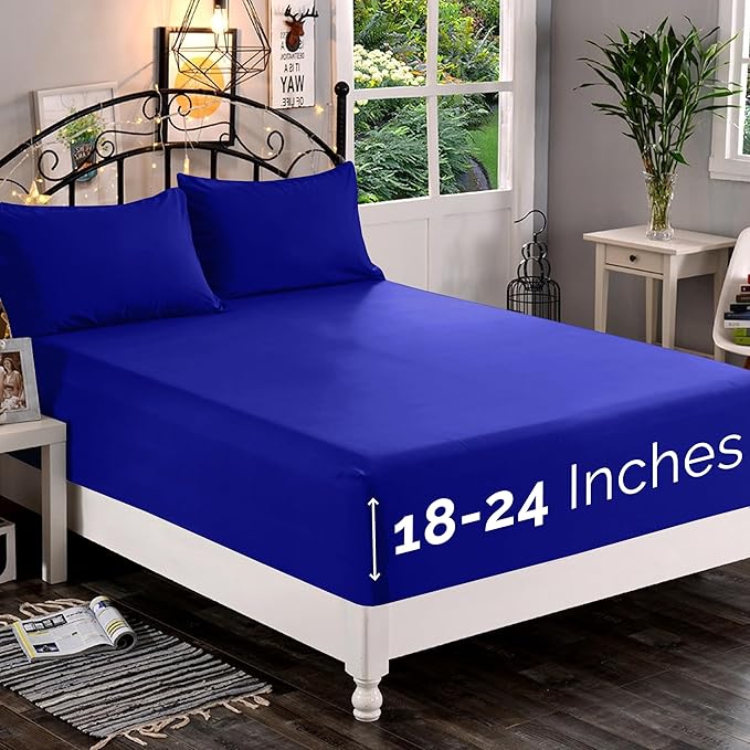 Elegant Comfort 1500 Premium Quality Fitted Sheet Ultra Soft 18-24 Inch Extra Deep Pocket - Single Fitted Sheet for High Mattress - Wrinkle Free with Smart Storage Pockets, Twin/Twin XL, Royal Blue