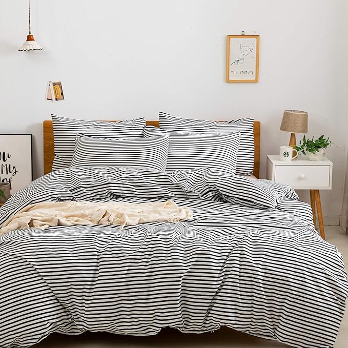 JELLYMONI 100% Natural Cotton 3pcs Striped Duvet Cover Sets,White Duvet Cover with Black Stripes Pattern Printed Comforter Cover,with Zipper Closure & Corner Ties(King Size)