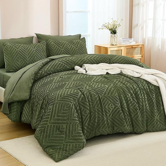 Andency Oversized Queen Comforter Set Olive Green - 7 Pieces Bed in a Bag Oversized Queen Boho Olive Green Bedding Comforter Sets, Tufted Bed Set with Comforter, Sheets, Pillowcases & Shams