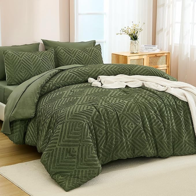 Andency Oversized King Size Comforter Set Olive Green - 7 Pieces Bed in a Bag Oversized King Boho Olive Green Bedding Comforter Sets, Tufted Bed Set with Comforter, Sheets, Pillowcases & Shams
