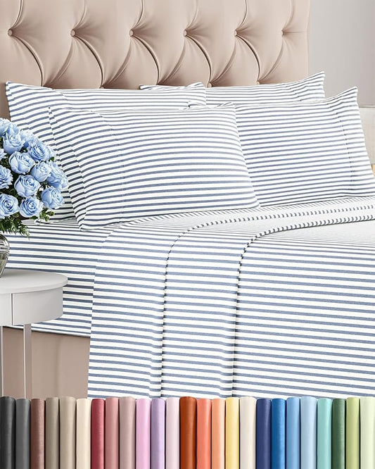 Queen 6 Piece Sheet Set - Comfy Breathable & Cooling - Soft Hotel Luxury Bedding Set with 8-16 Inch Deep Pockets - 1 Flat & 1 Fitted Sheet & 4 Pillowcases - Wrinkle Free & Easy Care - Blue Stripes 2