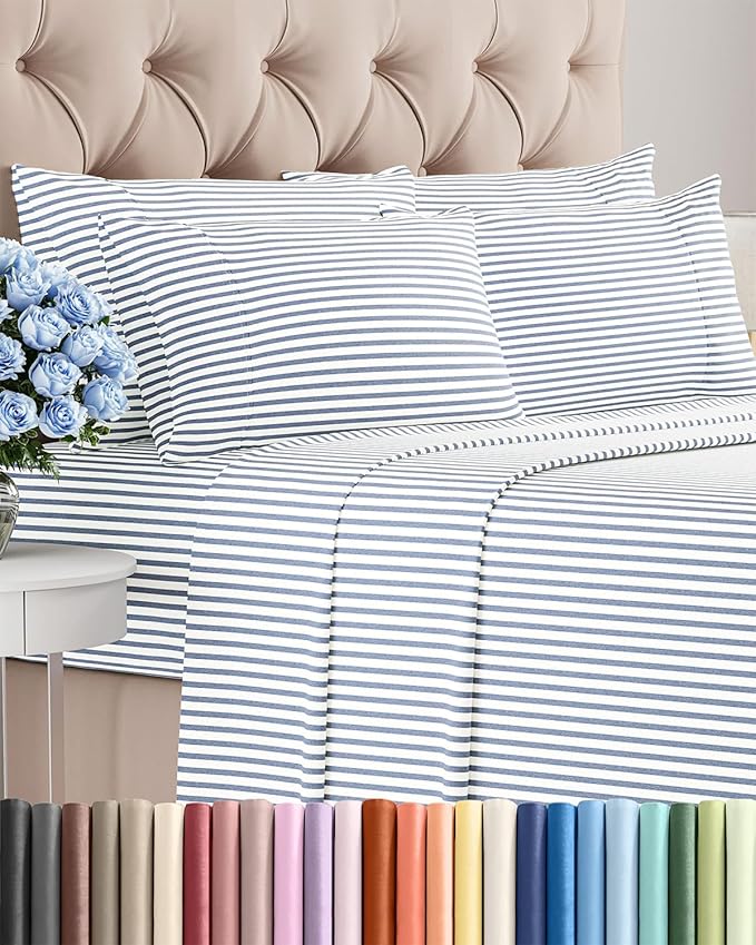 King 6 Piece Sheet Set - Comfy Breathable & Cooling - Soft Hotel Luxury Bedding Set with 8-16 Inch Deep Pockets - 1 Flat & 1 Fitted Sheet & 4 Pillowcases - Wrinkle Free & Easy Care - Blue Stripes 2