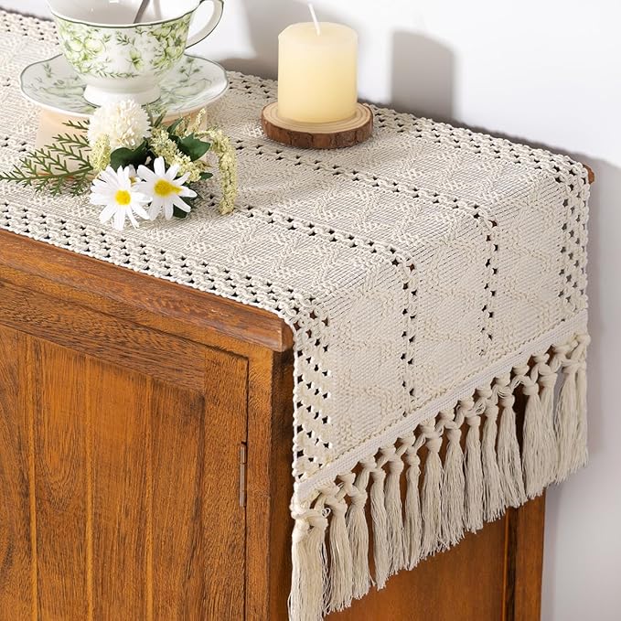 Socomi Boho Table Runner Easter Spring Farmhouse Rustic Dining Kitchen Centerpiece Decor Small Macrame Woven Cotton Linen Coffee Table Runner for Dresser Scarf Home Decor 12x48 inch Beige