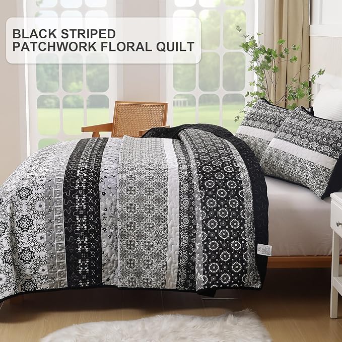 WONGS BEDDING Boho Quilt Set King, Bohemian Black Striped Patchwork Bedspread Coverlet Set with 2 Pillowcases,Lightweight Microfiber Floral Bedding Set 104"×90"