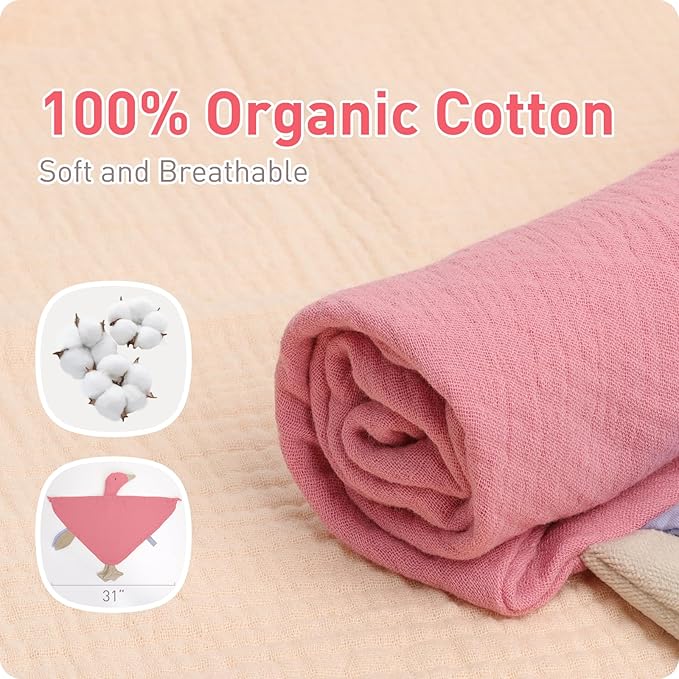 Premium Soft Muslin Cotton Newborn Baby Loveys Security Blanket Breathable with Tags, Muslin Goose Lovies for Baby New Born Boy Girl Unisex Baby Unique Neutral Presents for Babies Newborn Toddler