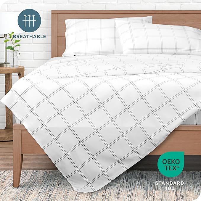 Bare Home King Sheet Set - Luxury 1800 Ultra-Soft Microfiber Double Brushed - Deep Pockets - Easy Fit - 4 Piece Set - Bedding Sheets & Pillowcases (King, Modern Plaid - White/Grey)