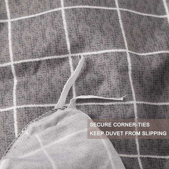 Nanko King Duvet Cover Set Grid, 104x90 Soft Bedding Cover, Luxury Lightweight Microfiber 3pc Set (1 Cover 2 Pillowcase) with Zip, Tie - Modern Style Bed Quilt Bed Cover for Men Women, Gray Plaid