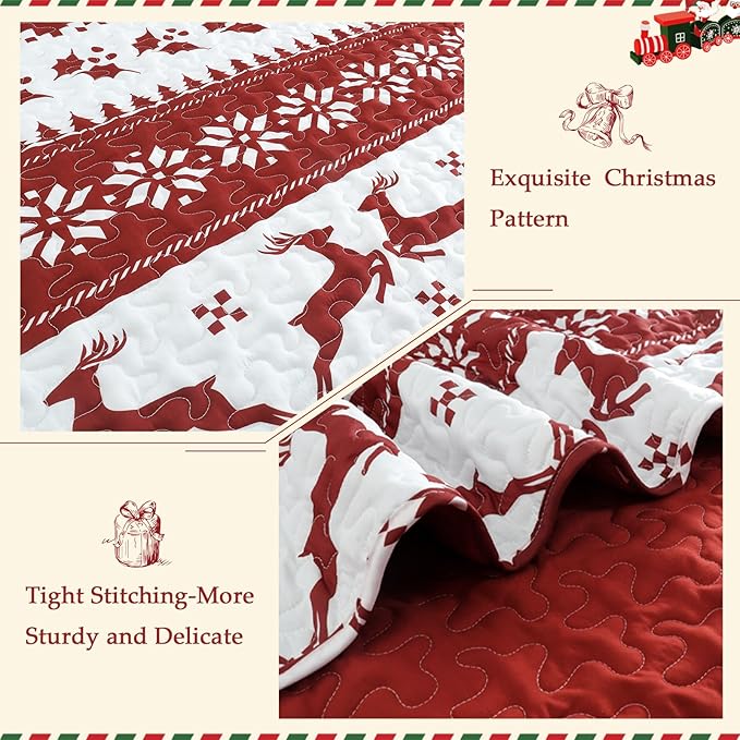 Exclusivo Mezcla Reversible Christmas Quilts Queen Size, Red Bedspread Lightweight Coverlet Winter Quilt Bedding Set with Printed Striped Reindeer Snowflakes Pattern (1 Quilt, 2 Pillow Shams)
