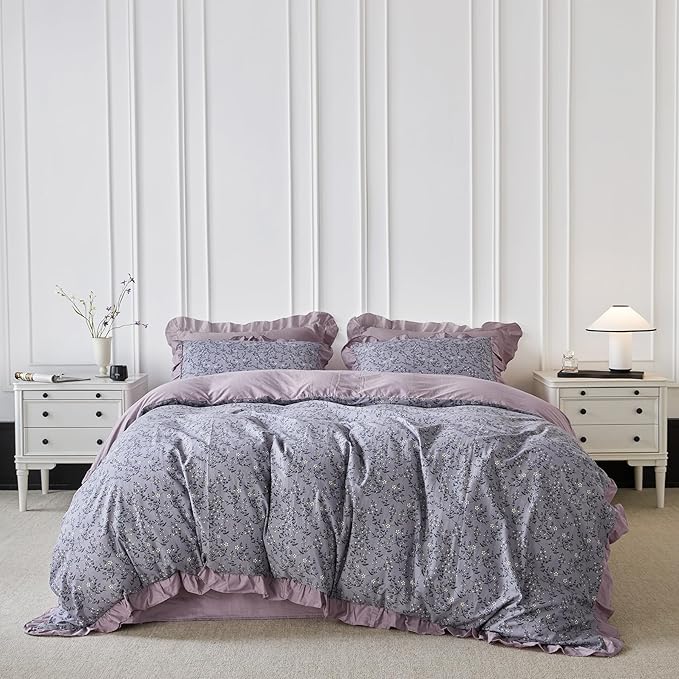 YuHeGuoJi Lavender Purple Floral Duvet Cover King 100% Cotton 3 Pcs Set 1 Lilac Purple Ruffle Duvet Cover with Zipper Ties 2 Pillow Shams Garden Farmhouse Botanical Bedding Set Soft