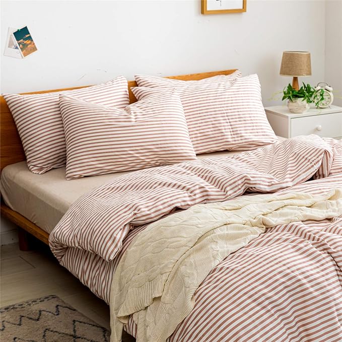 JELLYMONI 100% Natural Cotton 3pcs Striped Duvet Cover Sets,White Duvet Cover with Pink Stripes Pattern Printed Comforter Cover,with Zipper Closure & Corner Ties(King Size)