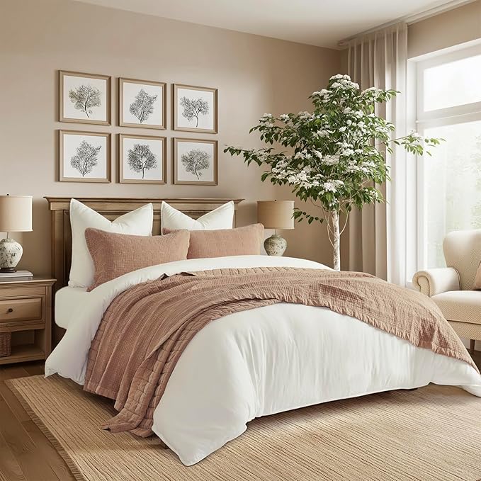 EVERGRACEHOME Stonewashed Cotton Quilt Set Full Queen Size, Ultra Soft Oversized Bedspread Coverlet Set, Lightweight Crinkle Box Stitch Bedding Sets for All Season, with 2 Shams, Blushed Terracotta