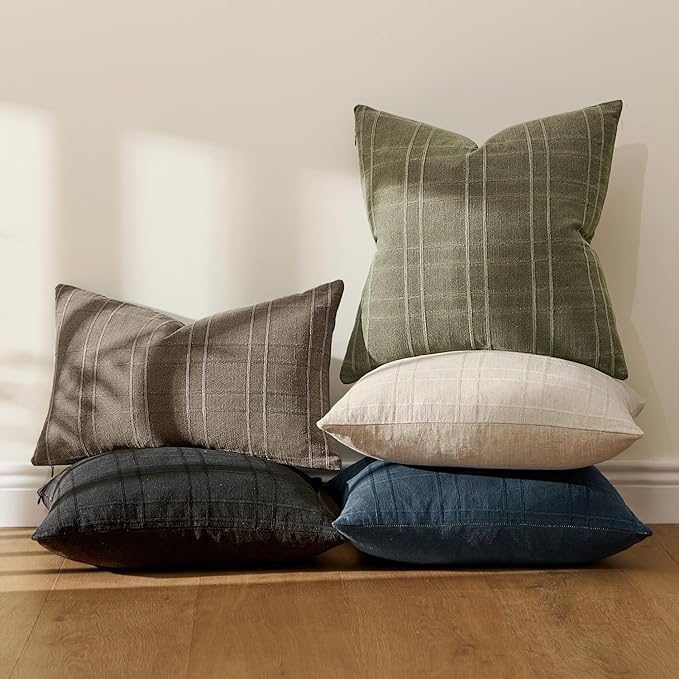MIULEE Decorative Linen Check Euro Shams Throw Pillow Covers Neutral Farmhouse Vintage Spring Pillow Covers 24x24 Set of 2 Boho Modern Home Decor for Sofa Couch Bedroom Cushion Sage Green