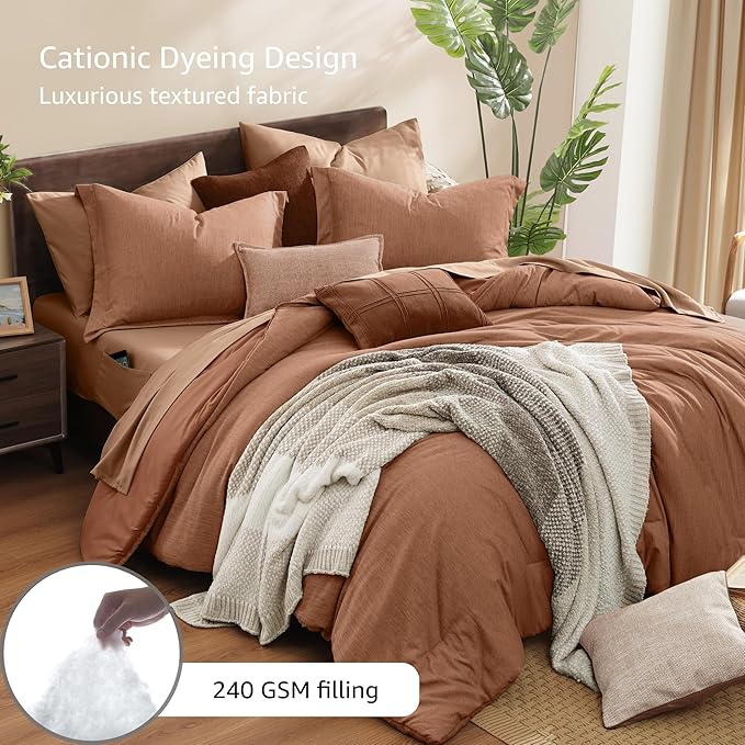 Monbix Super King Size Comforter Set, Autumn Leaf Bedding Set Reversible, Comforter Set 7 Pieces, Cationic Dyeing Bed in a Bag with Comforter, Sheets, Pillowcases & Shams