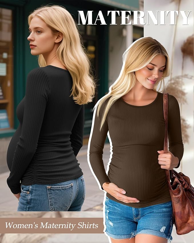 Huukeay 4 Pack Women's Maternity Shirts, Long Sleeve Cotton Ribbed Pregnancy Tops Side Ruched Crew Neck Casual Mama Clothes