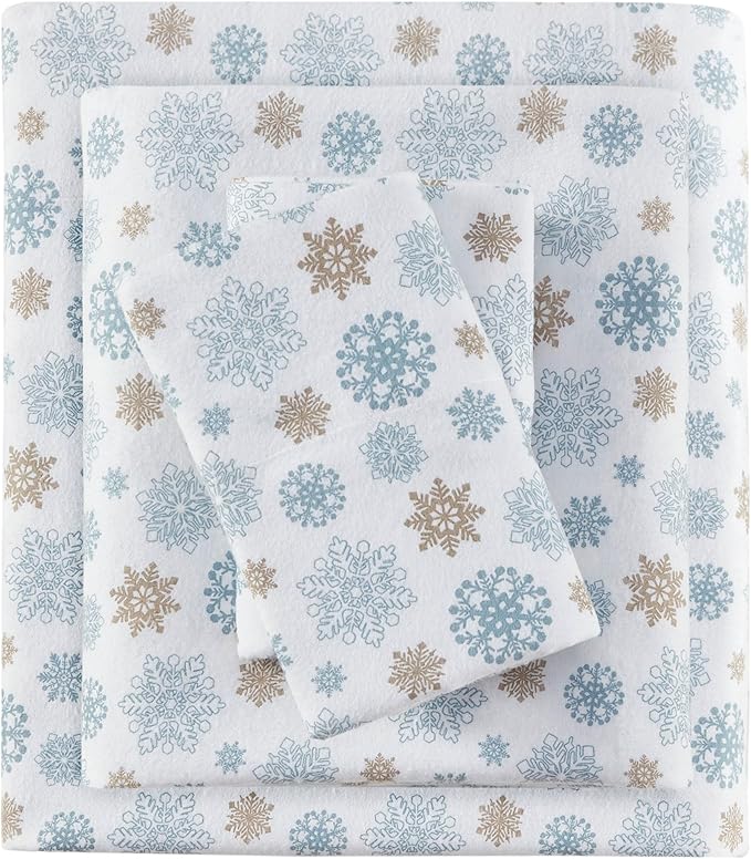 True North by Sleep Philosophy Cozy Flannel Warm 100% Cotton Sheet - Novelty Print Animals Stars Cute Ultra Soft Cold Weather Bedding Set, Full, Tan/Blue Snowflakes 4 Piece