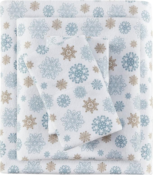 True North by Sleep Philosophy Cozy Flannel Warm 100% Cotton Sheet - Novelty Print Animals Stars Cute Ultra Soft Cold Weather Bedding Set, King, Tan/Blue Snowflakes 4 Piece