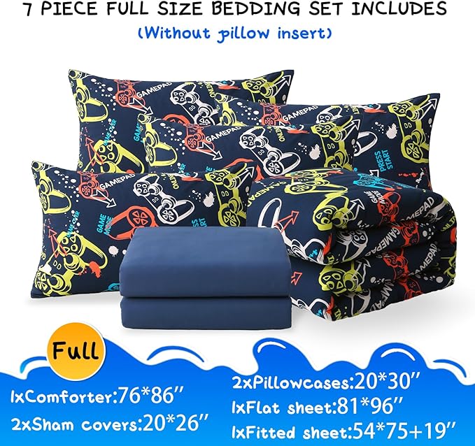 Glow in The Dark Kids Comforter Set, 7 Pieces Gamepad Pattern Bedding Set Full Size for Boys Girls Teen, 1 Comforter, 1 Pillowcase, 2 Pillow Shams