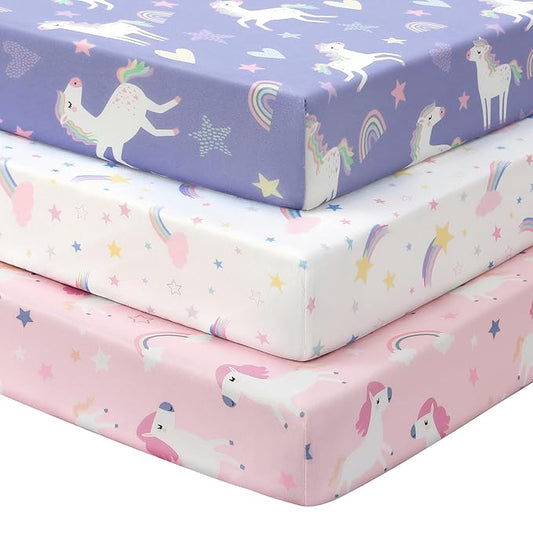 Baby Mini Crib Sheets Girl, Portable 38”x26” Pack and Play Sheets Fitted for Playard and Pack N Play Mattress, 3-Pack Soft Microfiber Pink Purple Rainbow