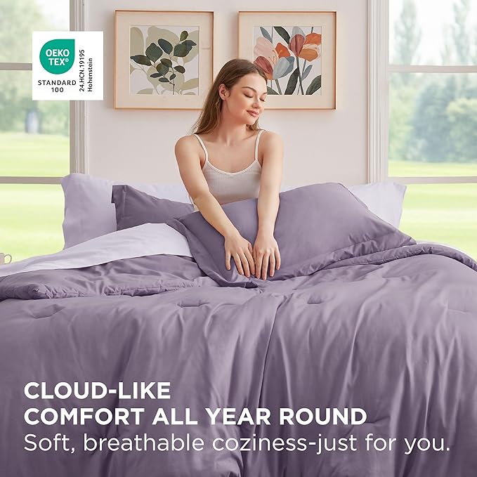 Bedsure King Size Comforter Set - 7 Pieces Grayish Purple King Bedding Set for All Seasons, Boho Contrasting Design Bed in a Bag with Comforter, Sheets, Pillowcases & Shams