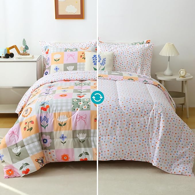 Mooreeke Kids Twin Comforter Sets for Girls 6 Pieces Floral Butterfly Bedding Set for Teens Microfiber Splice Block Flower Kids Bed in A Bag with Comforter, Sheet Set, Shams and Decorative Toy Pillow
